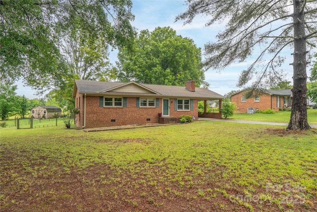 166 Stephanie Dr, Lexington, NC 27295 - ranch-style home with brick siding, crawl space, a chimney, and a carport