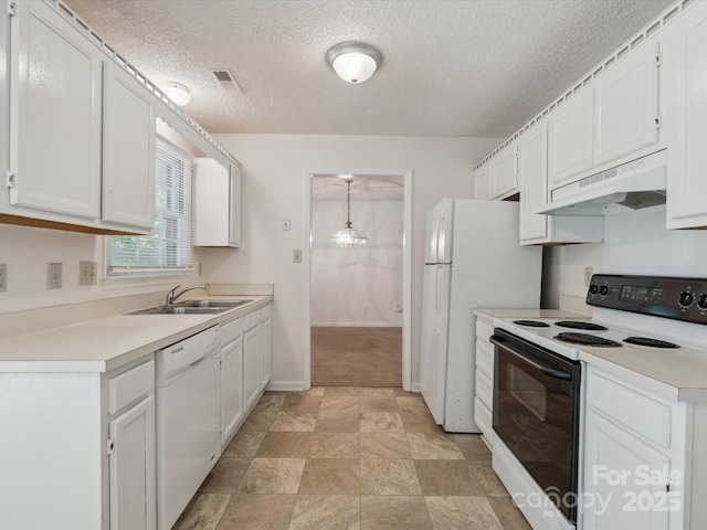 3313 Fortis Ln, Matthews, NC 28105 - kitchen featuring white appliances, under cabinet range hood, a sink, white cabinetry, and a textured ceiling