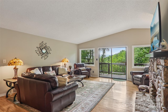 44 Falls Creek Rd, Pisgah Forest, NC 28768 - living room with vaulted ceiling, wood-type flooring, and a textured ceiling