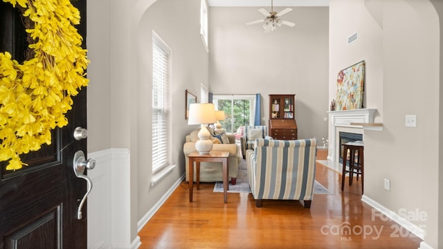 424 Paperbark Ln, Rock Hill, SC 29732 - foyer entrance with arched walkways, wood finished floors, a fireplace, a towering ceiling, and ceiling fan