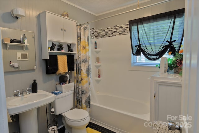 252 Chuckwood Rd, Mooresville, NC 28117 - bathroom with toilet, shower / bath combo with shower curtain, ornamental molding, and tile patterned floors