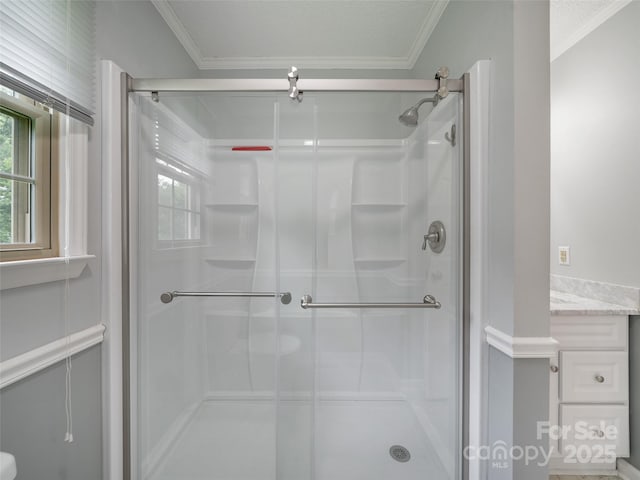 321 Jupiter Rd, Weaverville, NC 28787 - bathroom featuring a stall shower, ornamental molding, and vanity