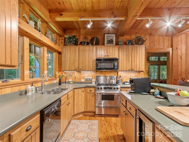151 Sanctuary Dr, Burnsville, NC 28714 - kitchen featuring black appliances, wooden ceiling with exposed beams, track lighting, a sink, and beverage cooler