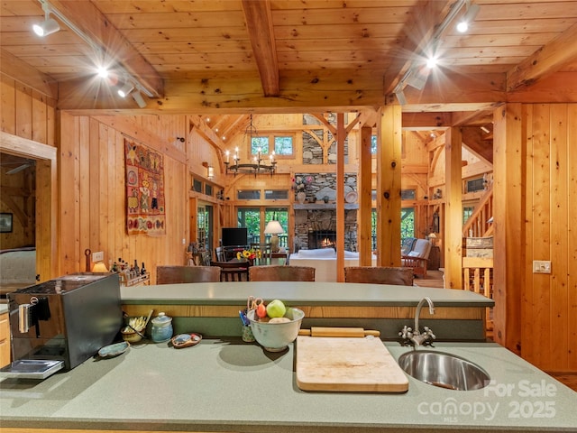 151 Sanctuary Dr, Burnsville, NC 28714 - kitchen featuring a sink, wood walls, rail lighting, wooden ceiling with exposed beams, and open floor plan