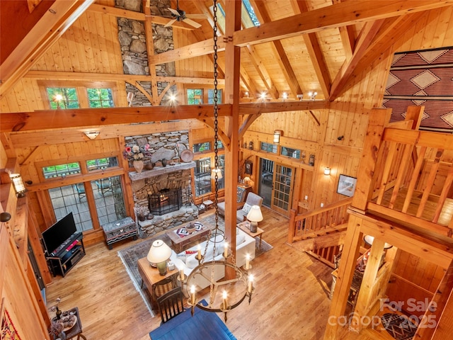 151 Sanctuary Dr, Burnsville, NC 28714 - living area featuring wood walls, a fireplace, wood finished floors, high vaulted ceiling, and ceiling fan