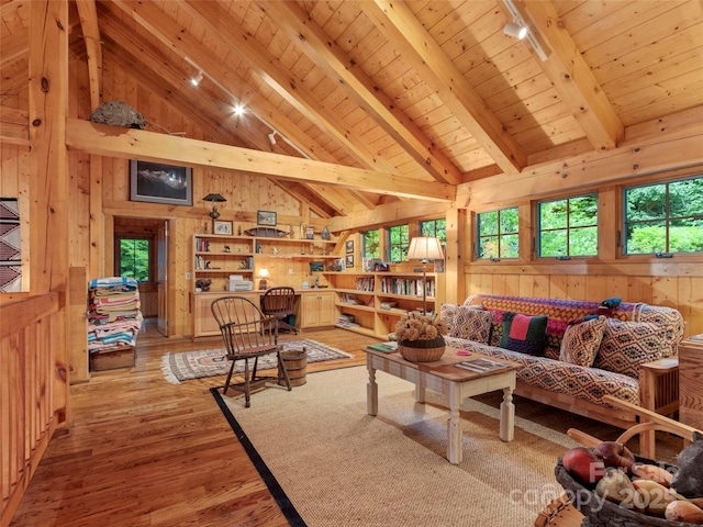 151 Sanctuary Dr, Burnsville, NC 28714 - living area featuring rail lighting, wooden walls, healthy amount of natural light, wooden ceiling with exposed beams, and wood finished floors