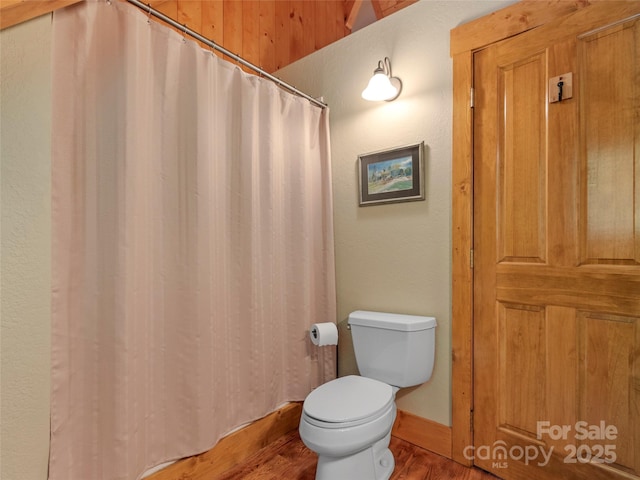 151 Sanctuary Dr, Burnsville, NC 28714 - bathroom featuring toilet, wood finished floors, and a shower with shower curtain