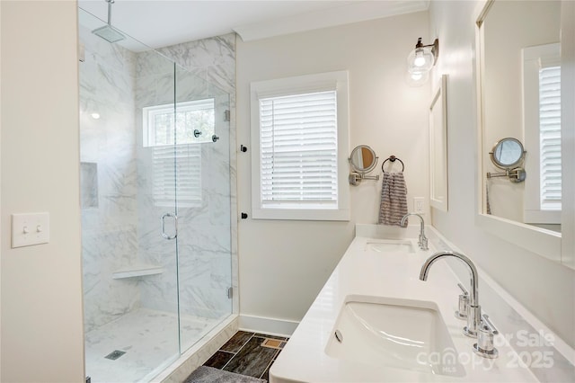 1062 Willow Ridge Ln, Fort Mill, SC 29707 - bathroom featuring a marble finish shower, double vanity, and baseboards