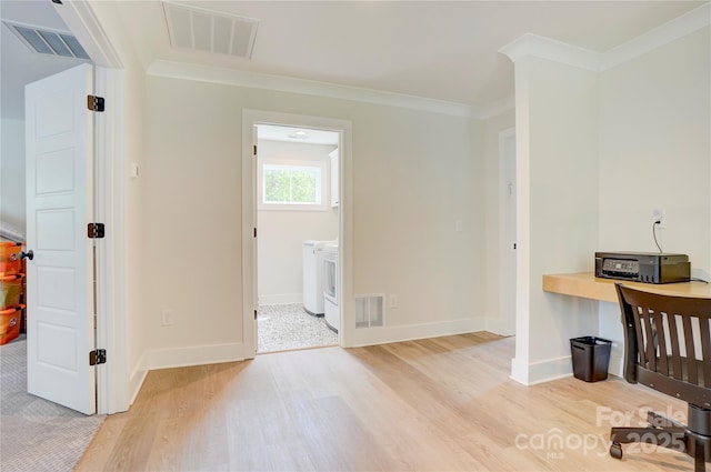 1062 Willow Ridge Ln, Fort Mill, SC 29707 - unfurnished office with independent washer and dryer, light wood-style floors, crown molding, and baseboards