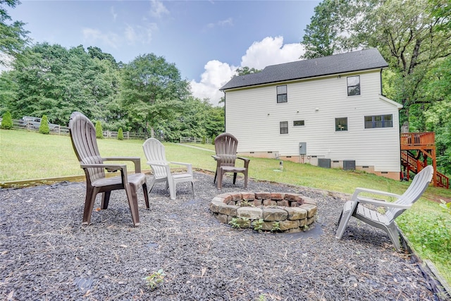 1062 Willow Ridge Ln, Fort Mill, SC 29707 - view of patio featuring an outdoor fire pit, central AC, a wooden deck, and stairs