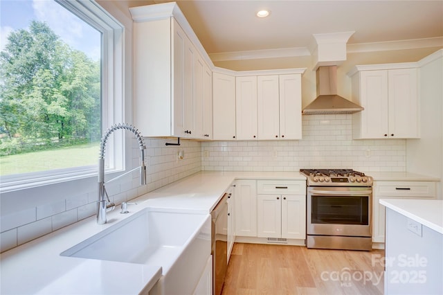 1062 Willow Ridge Ln, Fort Mill, SC 29707 - kitchen featuring stainless steel gas range oven, wall chimney exhaust hood, a sink, white cabinetry, and tasteful backsplash