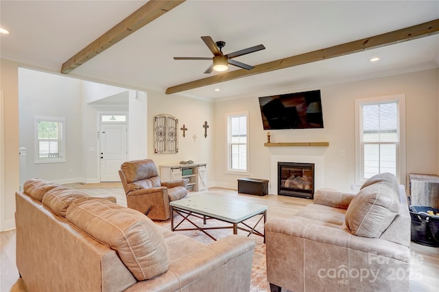 1062 Willow Ridge Ln, Fort Mill, SC 29707 - living area featuring plenty of natural light, beam ceiling, ceiling fan, a glass covered fireplace, and baseboards
