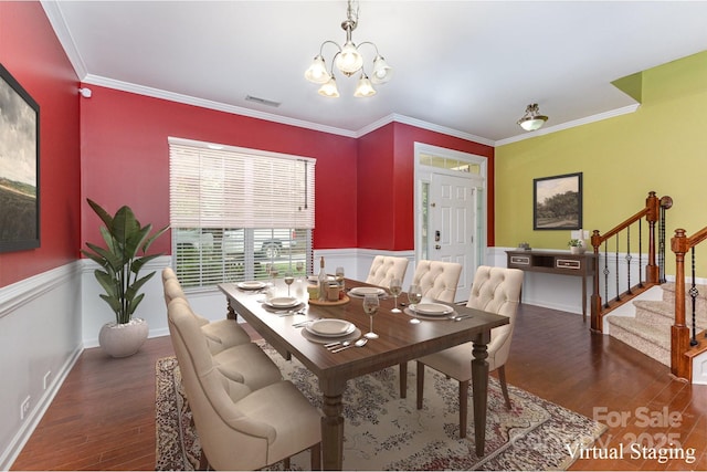 10105 Community House Rd, Charlotte, NC 28277 - dining room featuring stairway, wood finished floors, a chandelier, and ornamental molding