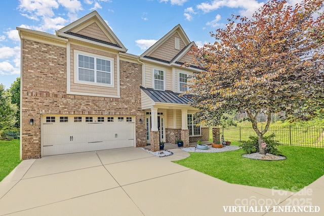 10105 Community House Rd, Charlotte, NC 28277 - view of front of property with brick siding, an attached garage, driveway, a standing seam roof, and a porch