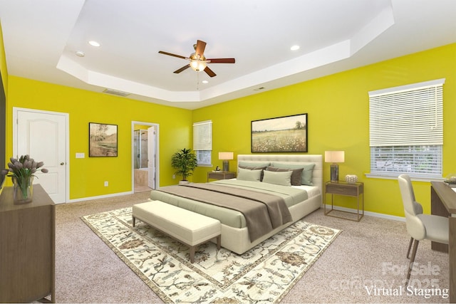 10105 Community House Rd, Charlotte, NC 28277 - bedroom featuring a raised ceiling, carpet, recessed lighting, ensuite bathroom, and ceiling fan