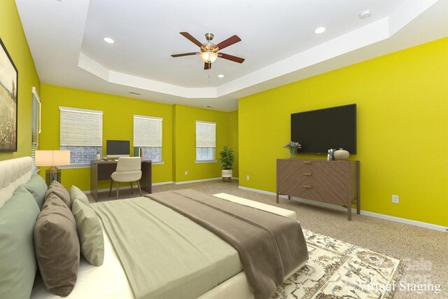 10105 Community House Rd, Charlotte, NC 28277 - carpeted bedroom featuring a tray ceiling, recessed lighting, and a ceiling fan
