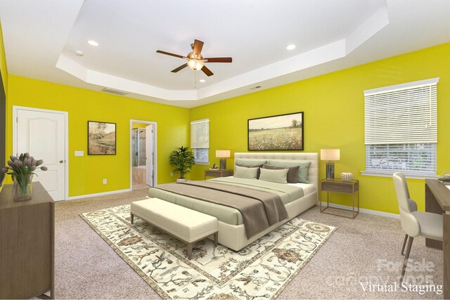 10105 Community House Rd, Charlotte, NC 28277 - bedroom featuring a raised ceiling, carpet, recessed lighting, ensuite bathroom, and ceiling fan