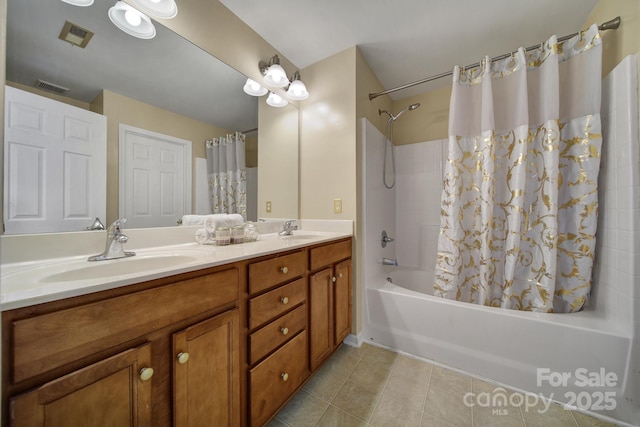 920 Old Forester Ln, Charlotte, NC 28214 - full bath featuring shower / bathtub combination with curtain, double vanity, and tile patterned floors
