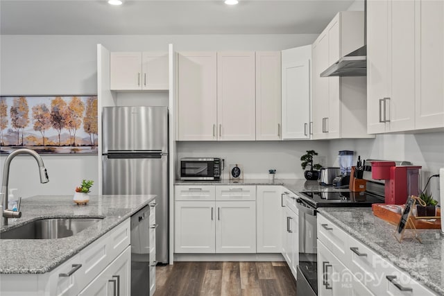 2813 Ava Ave, Charlotte, NC 28208 - kitchen featuring a sink, appliances with stainless steel finishes, white cabinets, dark wood finished floors, and recessed lighting