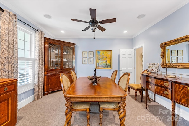 738 Rocky Hollow Trl, Clover, SC 29710 - dining area featuring light colored carpet, ceiling fan, plenty of natural light, ornamental molding, and recessed lighting