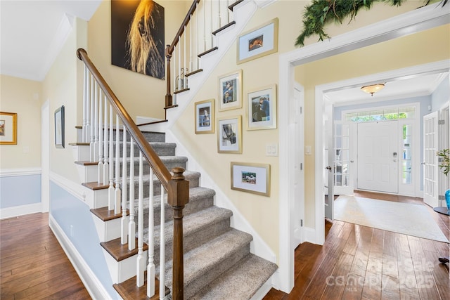 738 Rocky Hollow Trl, Clover, SC 29710 - foyer entrance with dark wood-style flooring, stairway, baseboards, and crown molding