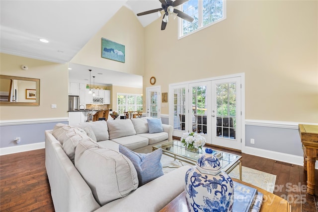 738 Rocky Hollow Trl, Clover, SC 29710 - living area with ceiling fan, baseboards, high vaulted ceiling, french doors, and dark wood finished floors