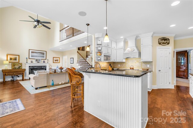 738 Rocky Hollow Trl, Clover, SC 29710 - kitchen featuring dark countertops, white cabinetry, a ceiling fan, dark wood-style flooring, and recessed lighting