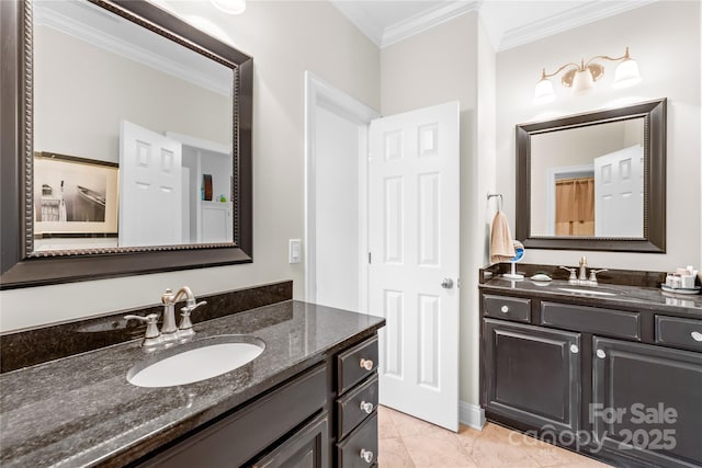 738 Rocky Hollow Trl, Clover, SC 29710 - bathroom featuring crown molding, two vanities, and tile patterned floors
