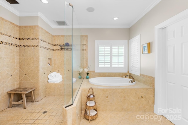 738 Rocky Hollow Trl, Clover, SC 29710 - bathroom featuring a stall shower, a bath, tile patterned flooring, crown molding, and recessed lighting