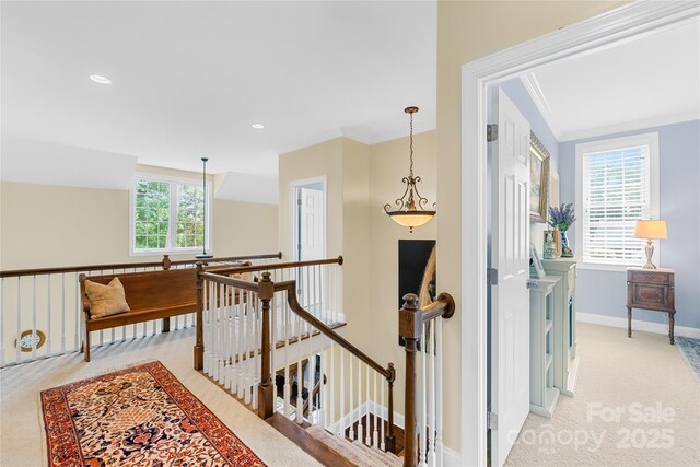 738 Rocky Hollow Trl, Clover, SC 29710 - hallway with an upstairs landing, light carpet, baseboards, ornamental molding, and recessed lighting