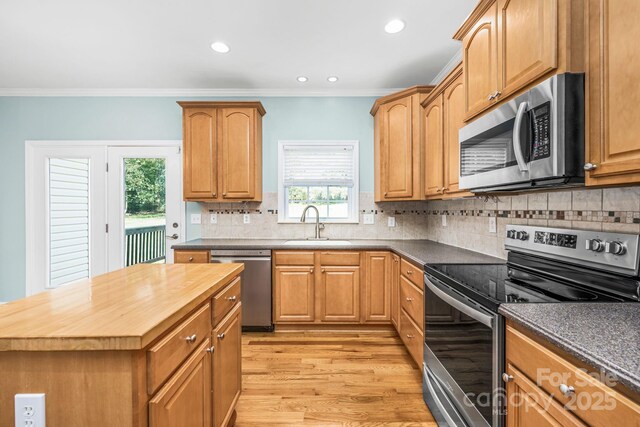 117 Chandler Dr, Mocksville, NC 27028 - kitchen with appliances with stainless steel finishes, wood counters, a sink, light wood-style floors, and ornamental molding
