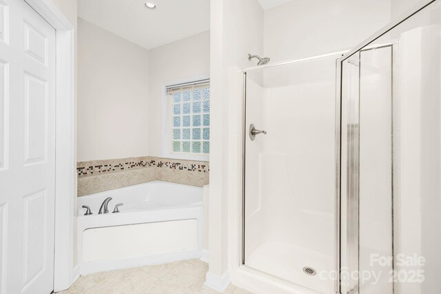 117 Chandler Dr, Mocksville, NC 27028 - full bathroom with a shower stall, a bath, tile patterned flooring, and recessed lighting