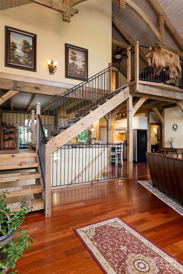 649 Panoramic Loop, Maggie Valley, NC 28751 - staircase featuring high vaulted ceiling, wood-type flooring, and wood ceiling with exposed beams
