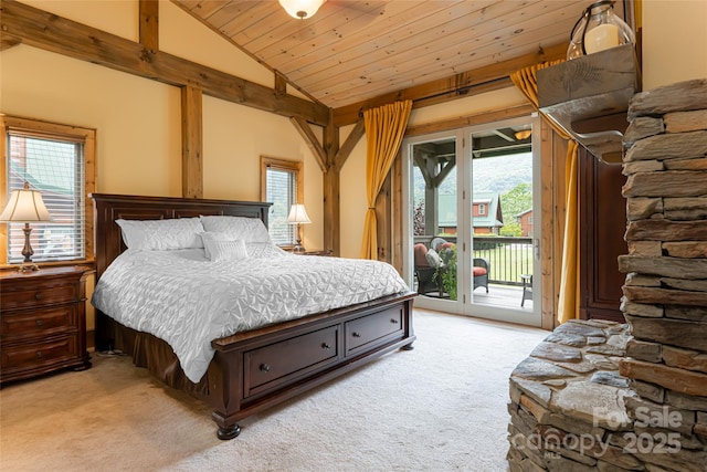 649 Panoramic Loop, Maggie Valley, NC 28751 - bedroom featuring light carpet, lofted ceiling, access to outside, multiple windows, and wood ceiling