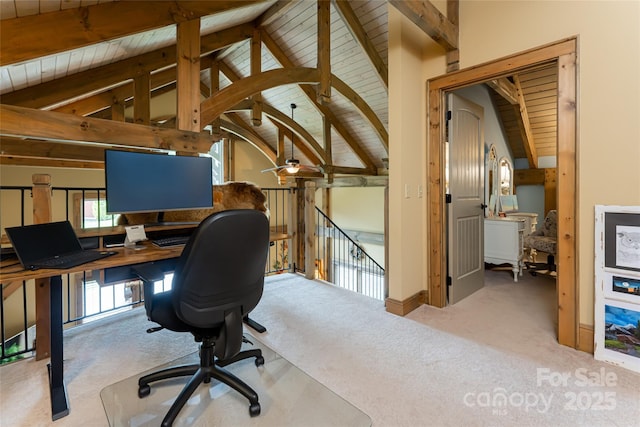 649 Panoramic Loop, Maggie Valley, NC 28751 - home office featuring wood ceiling, carpet flooring, and ceiling fan