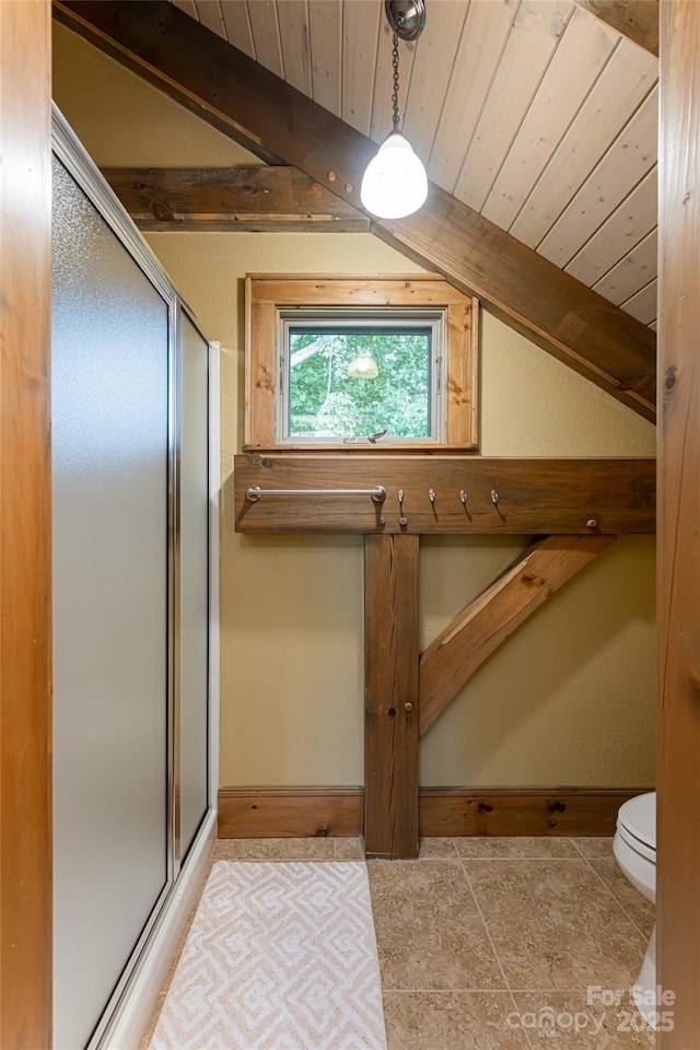 649 Panoramic Loop, Maggie Valley, NC 28751 - full bath featuring wooden ceiling, a shower stall, toilet, lofted ceiling, and baseboards