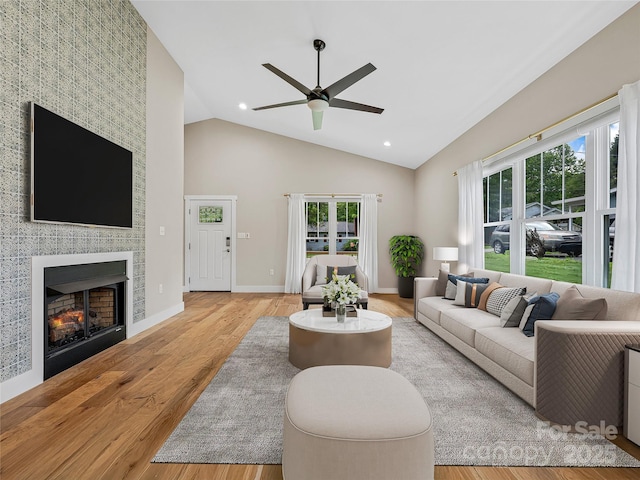 108 Le-An-Hurst Rd, Asheville, NC 28803 - living room with a ceiling fan, plenty of natural light, wood finished floors, high vaulted ceiling, and recessed lighting