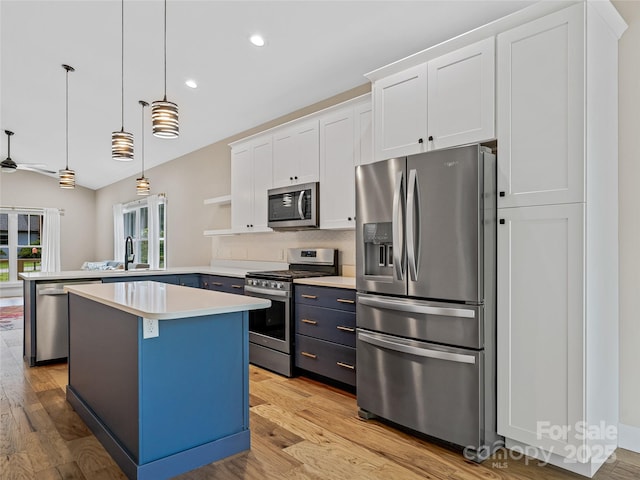 108 Le-An-Hurst Rd, Asheville, NC 28803 - kitchen with stainless steel appliances, a peninsula, light countertops, white cabinets, and light wood finished floors
