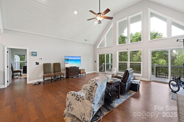 771 Sally Gap Rd, Old Fort, NC 28762 - living room featuring high vaulted ceiling, a ceiling fan, and dark wood-type flooring