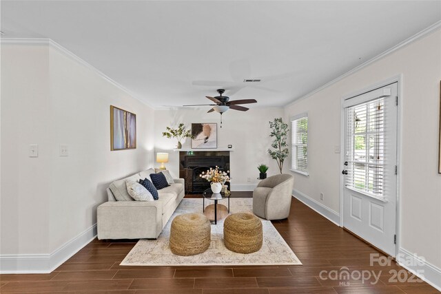 2813 Hilliard Dr, Charlotte, NC 28205 - living room featuring ornamental molding, dark wood-style flooring, a ceiling fan, and a fireplace