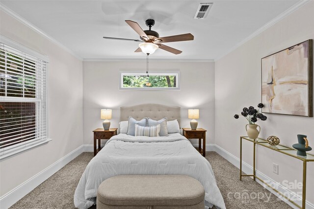 2813 Hilliard Dr, Charlotte, NC 28205 - bedroom with carpet, ornamental molding, and ceiling fan