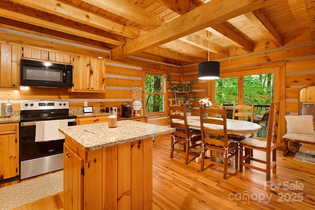 2255 Wolf Laurel Rd, Mars Hill, NC 28754 - kitchen with black microwave, electric range, plenty of natural light, light wood-style flooring, and wood ceiling with exposed beams