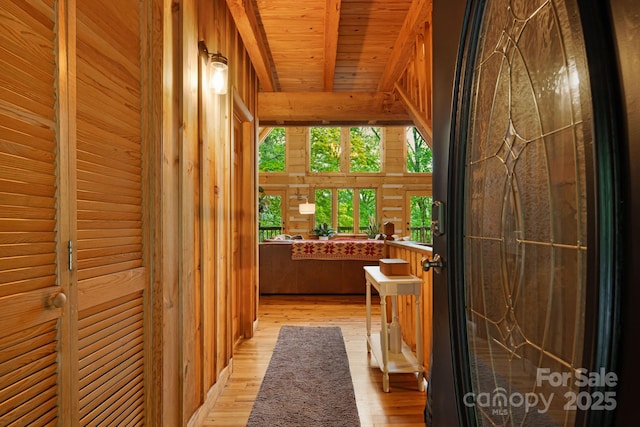 2255 Wolf Laurel Rd, Mars Hill, NC 28754 - hall featuring light wood-type flooring and wood ceiling