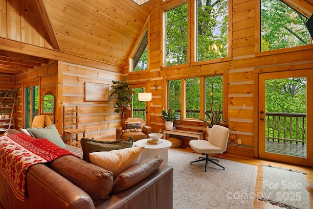 2255 Wolf Laurel Rd, Mars Hill, NC 28754 - living room with wood walls, wood finished floors, high vaulted ceiling, and wood ceiling