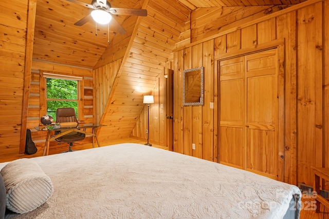 2255 Wolf Laurel Rd, Mars Hill, NC 28754 - bedroom with lofted ceiling, wood ceiling, wood walls, and a ceiling fan