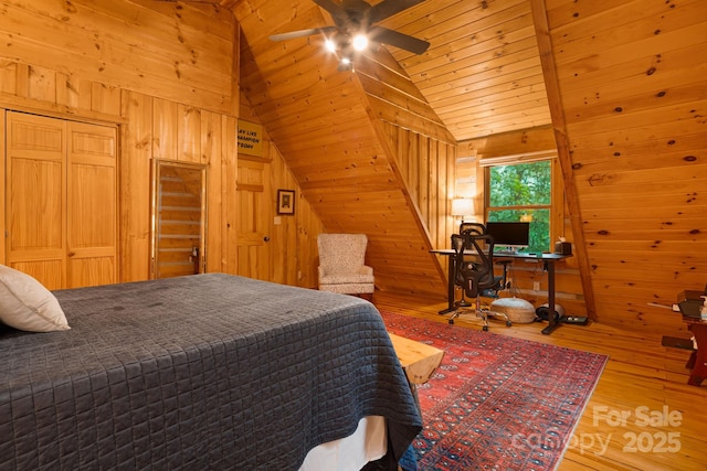 2255 Wolf Laurel Rd, Mars Hill, NC 28754 - bedroom featuring wooden walls, wood finished floors, vaulted ceiling, and wooden ceiling