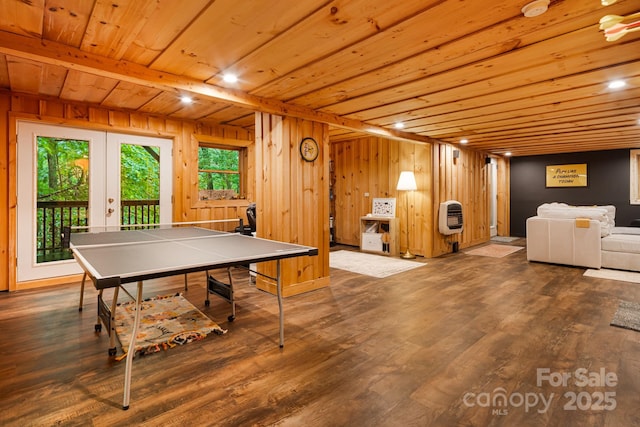 2255 Wolf Laurel Rd, Mars Hill, NC 28754 - rec room with heating unit, french doors, wood finished floors, wood walls, and wood ceiling