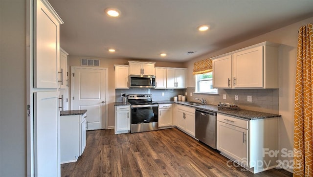 111 Eleanor Cove Rd, Arden, NC 28704 - kitchen featuring stainless steel appliances, a sink, white cabinetry, tasteful backsplash, and dark wood-style flooring