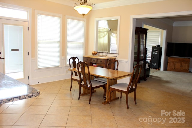 8620 Rolling Fields Rd, Charlotte, NC 28227 - dining room featuring ornamental molding, light tile patterned floors, wainscoting, and healthy amount of natural light