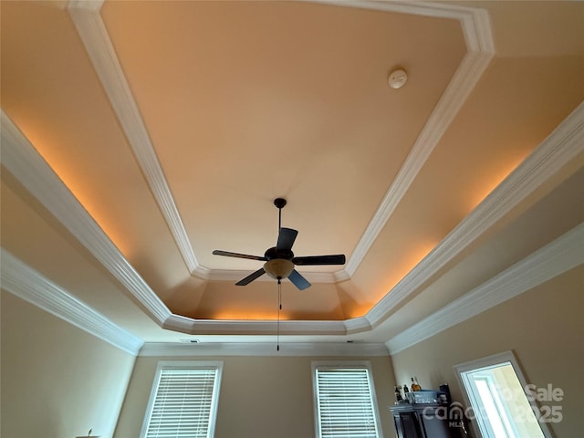 8620 Rolling Fields Rd, Charlotte, NC 28227 - detailed view of ornamental molding, a raised ceiling, a smoke detector, and a ceiling fan